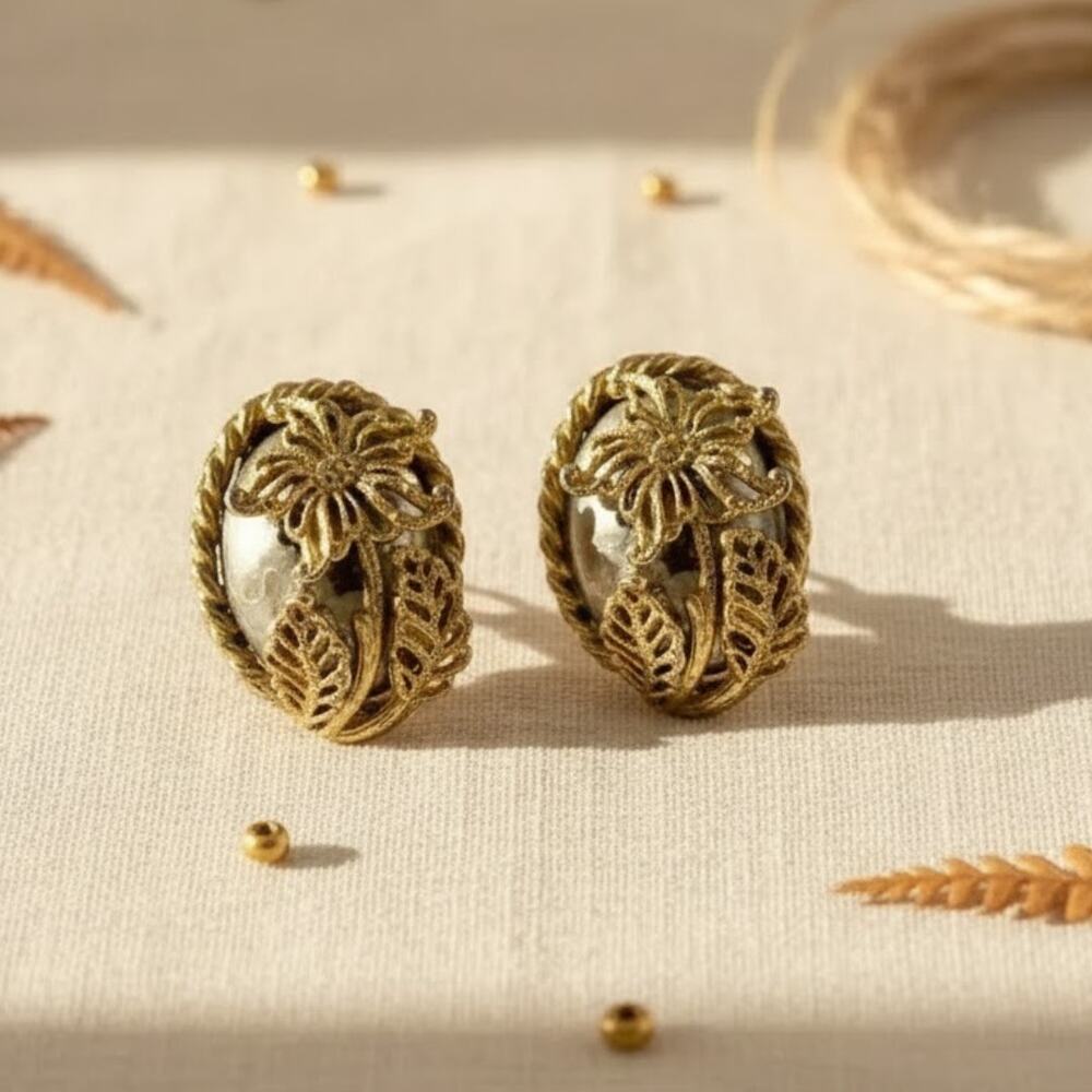 Vintage Domed Screw Back Earrings –Green Grey Gold Filigree